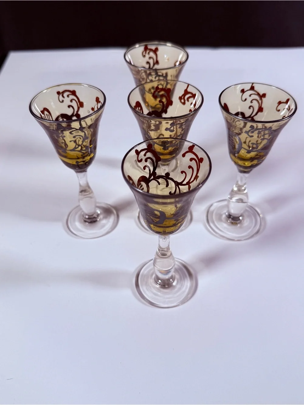 Vintage Bohemian Amber Hand Painted Scroll Design Cordial Glasses, set of 5